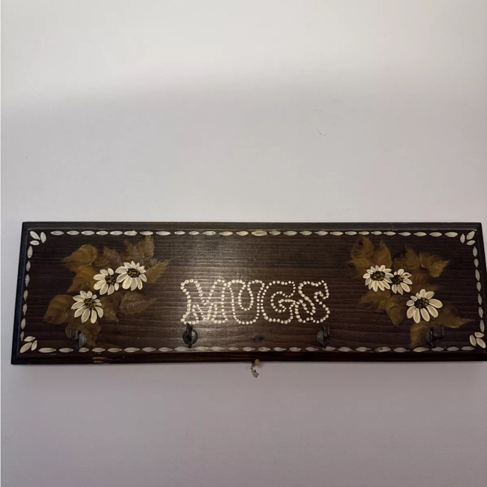 Vintage Wood  Mug Wall Hanging Coffee Mug Holder Hooks Floral Coffee Bar Decor